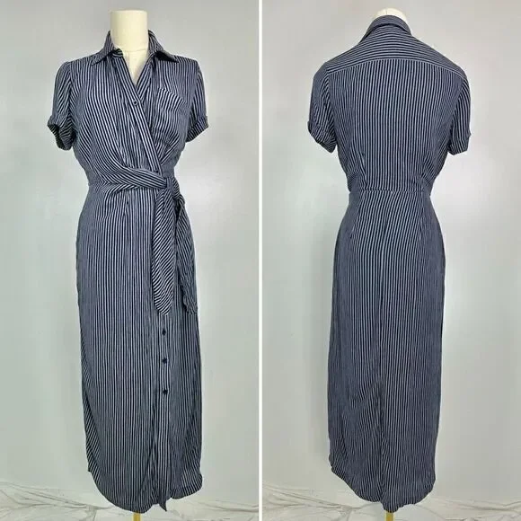 Garnet Hill Anya Tie-Front Crêpe Dress Size 0 Stripes - Picture 2 of 12